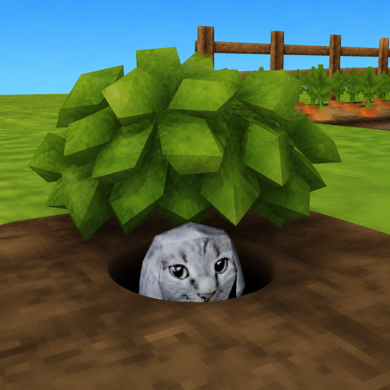 Cabbit peeking out of a burrow